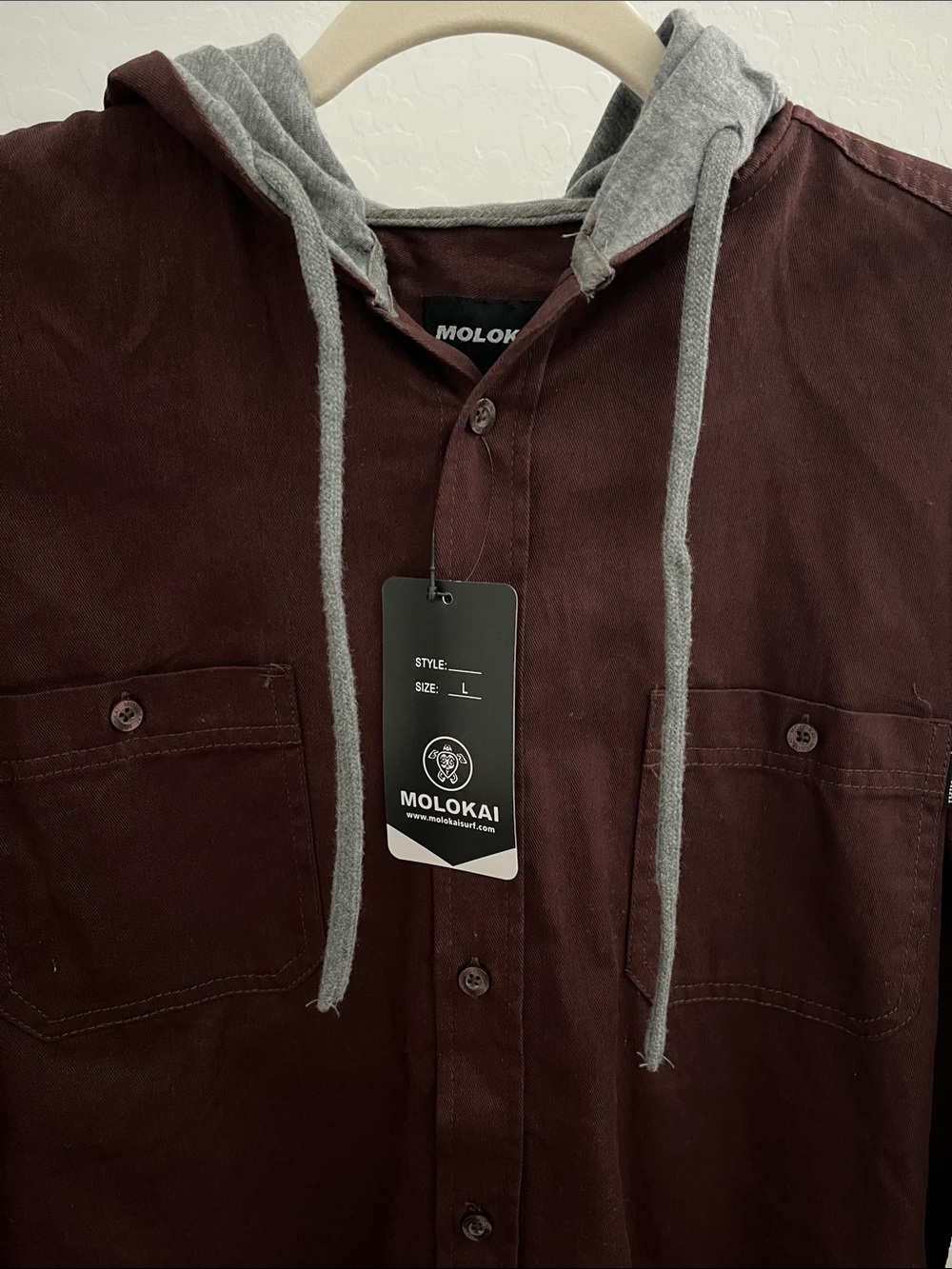 Molokai Surf Co Maroon and Gray Button Down Hooded Shirt Large NWT